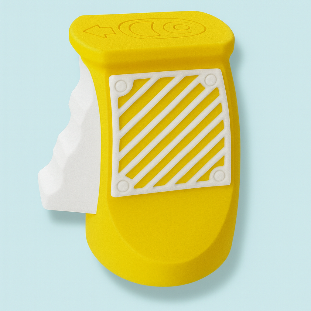 EzPop ergonomic can opener in vibrant red and yellow with textured grip for comfortable can opening.