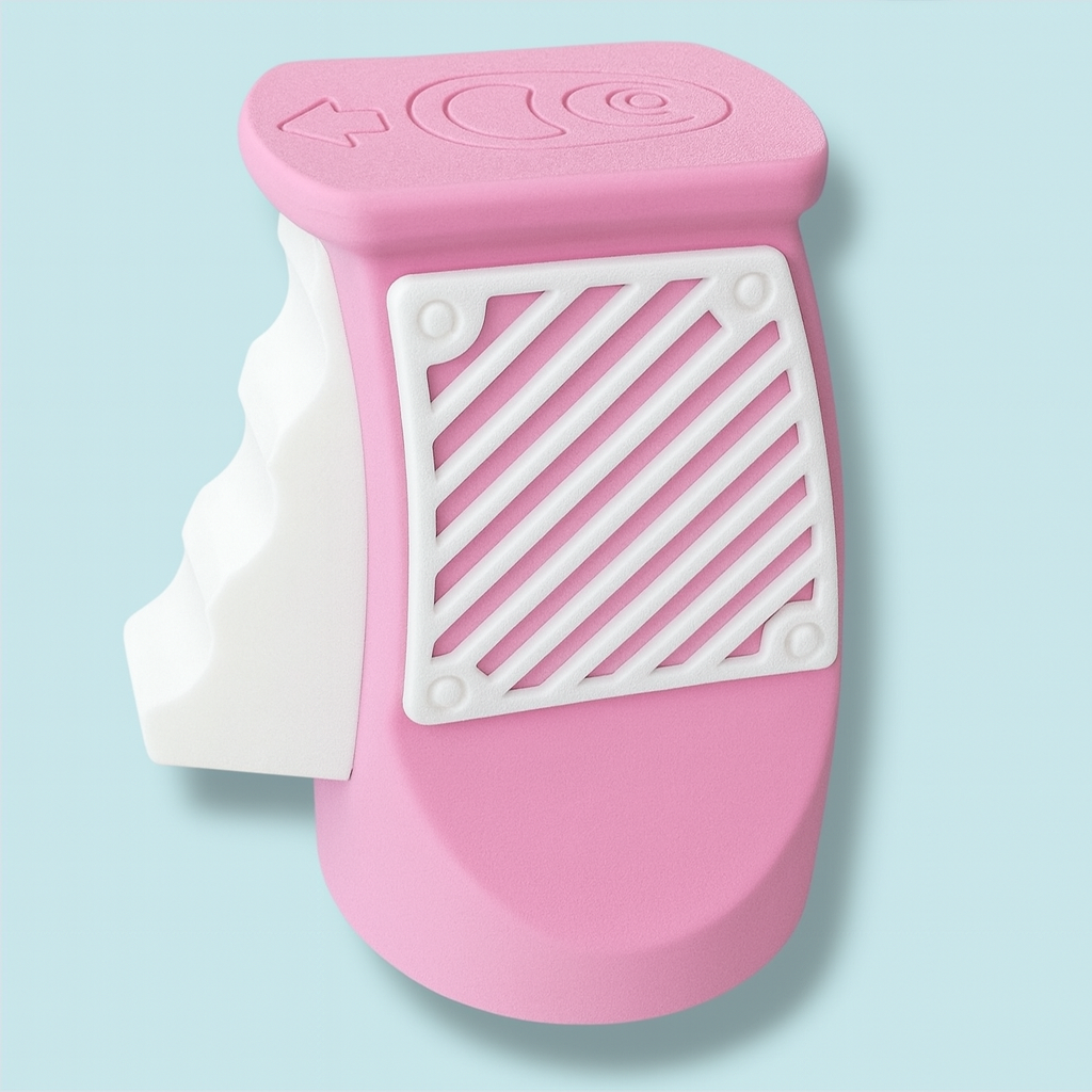 EzPop can opener with pink and white ergonomic design, ideal for comfortable can opening in the kitchen.