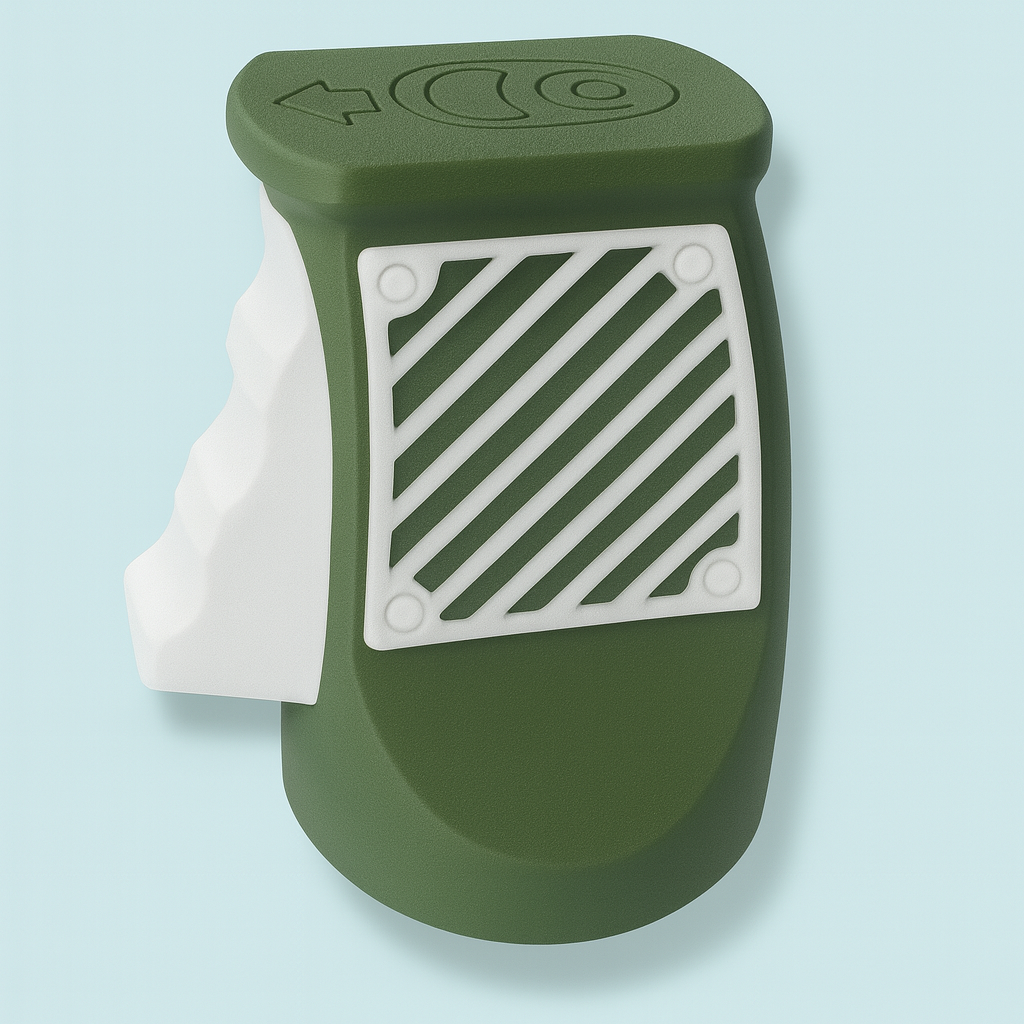 EzPop can opener with ergonomic design, featuring a green handle and textured grip for comfortable use.